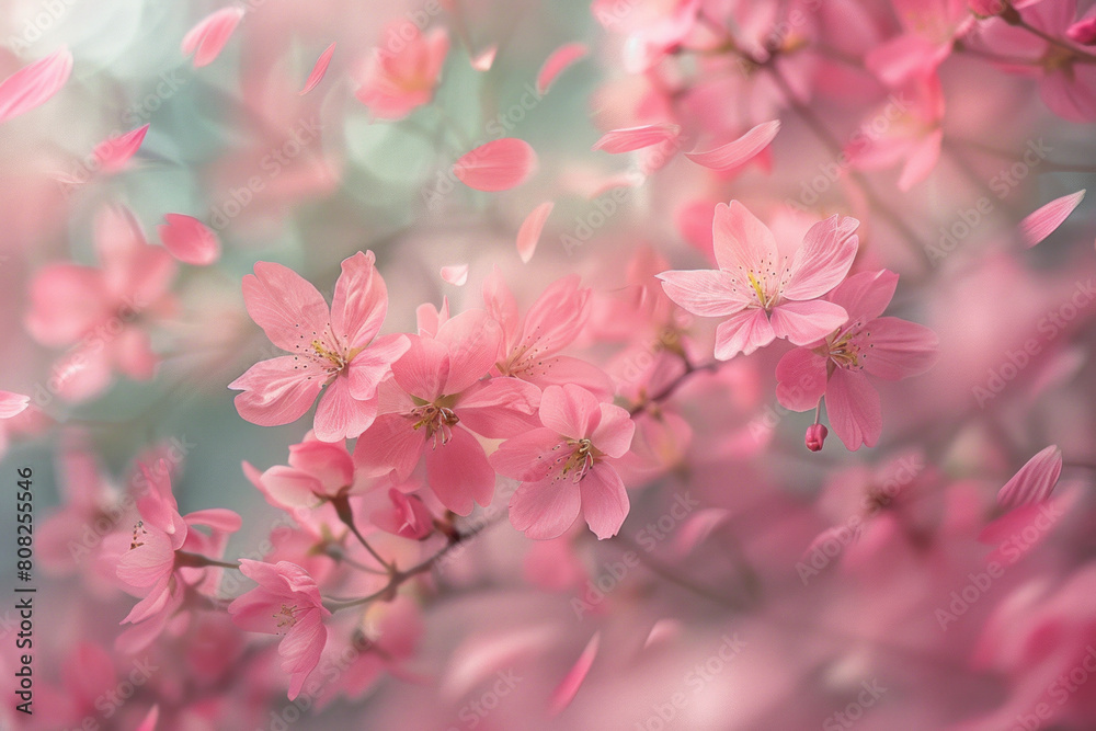 An energetic display of cherry blossoms, where the petals seem to float across the canvas on breezes of pink and white,