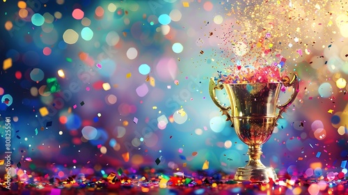 Gold Trophy Emanating Success Amidst Colorful Serpentine and Confetti
