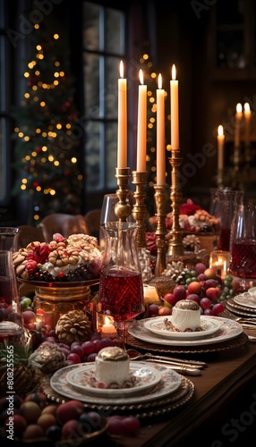 Festive christmas table with candles and cutlery  selective focus