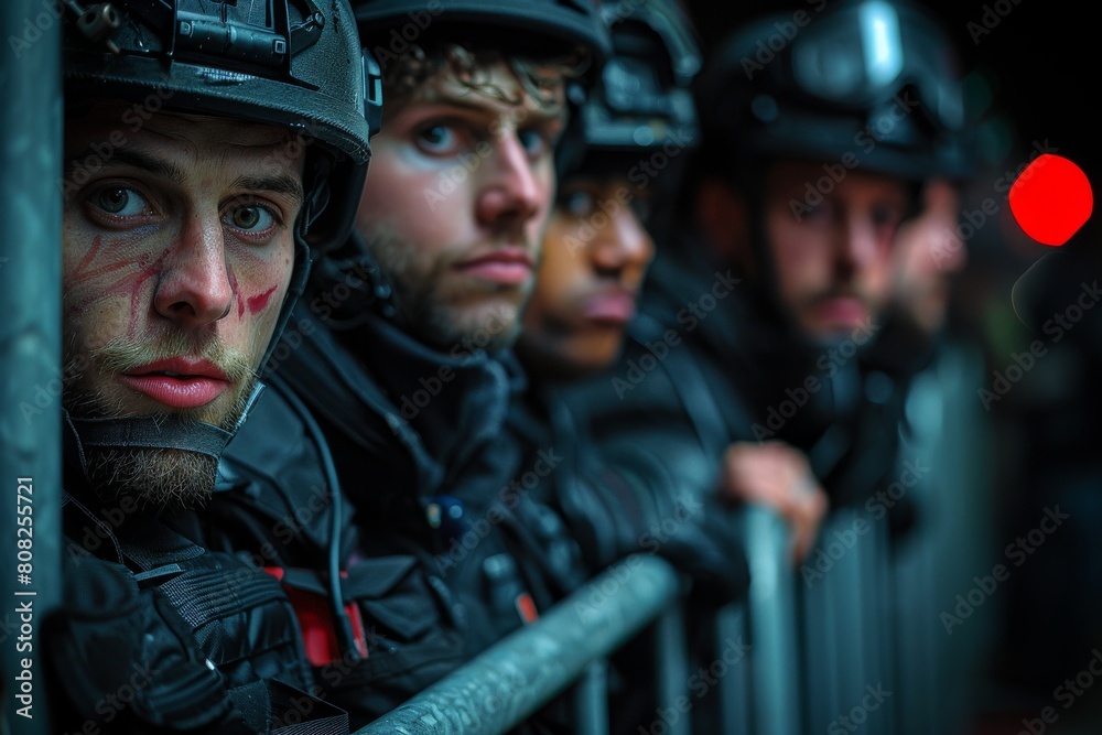 Young riot officer leaning on a metal railing with a pensive look, his teammates are behind Young riot officer leaning on a metal railing with a pensive look, his teammates are behind