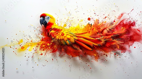 A parrot with bright red and yellow feathers is flying through a white background