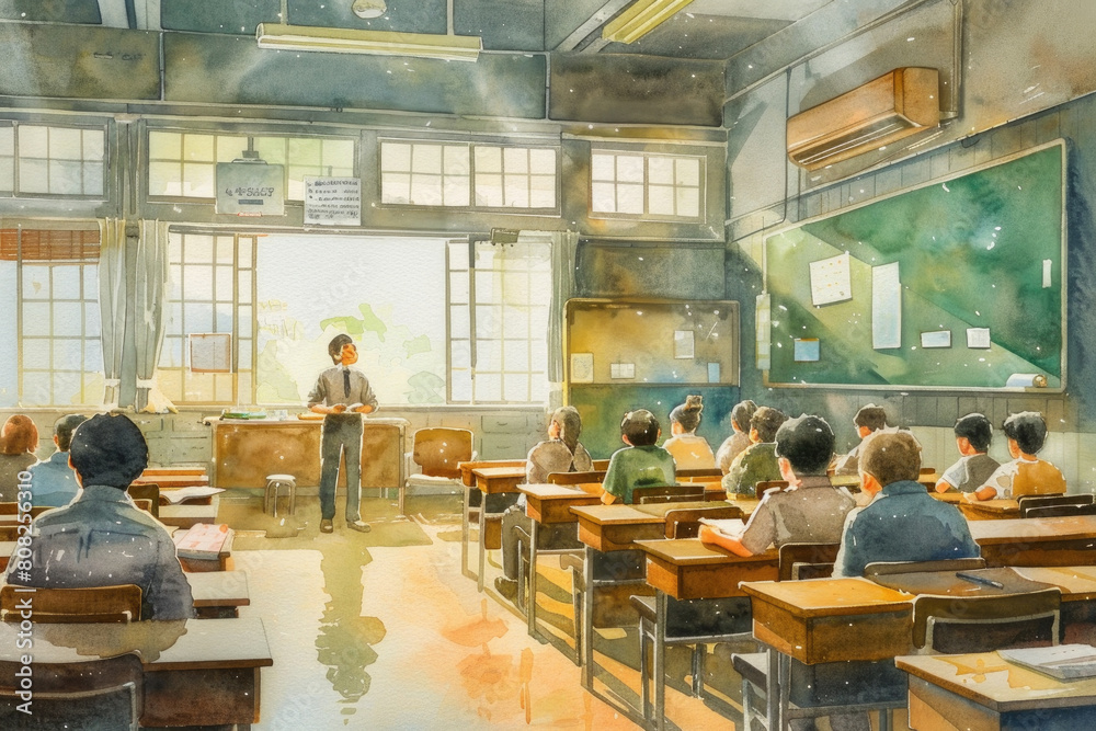 A painting depicting a crowded classroom filled with students listening to a teacher, taking notes, and engaged in various academic activities A painting depicting a crowded classroom filled with students listening to a teacher, taking notes, and engaged in various academic activities