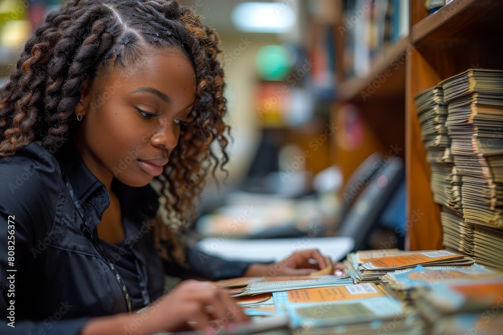 Fototapeta premium Young African American woman focused on reading amidst a pile of books in a library