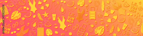 Colorful summer banner with icons of swimwear, sunglasses, fruits, tropical plants, flip-flops. Banner design template for shopping sale, promo poster, web and social media.