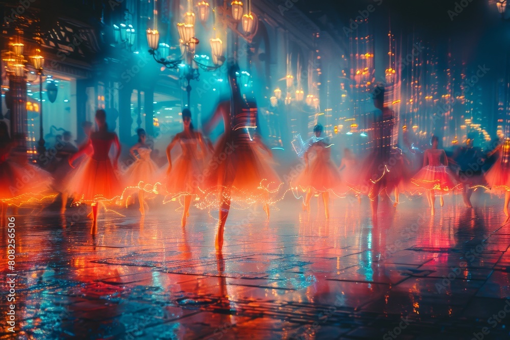 Dynamic, colorful light trails weave around twirling dancers on a street at night, creating a captivating long-exposure photograph Dynamic, colorful light trails weave around twirling dancers on a street at night, creating a captivating long-exposure photograph