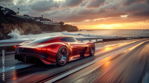 A futuristic sports car speeds along a coastal highway at sunset