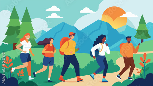 The event ends with a group hike encouraging participants to put their new workout clothes to use while enjoying the great outdoors.. Vector illustration