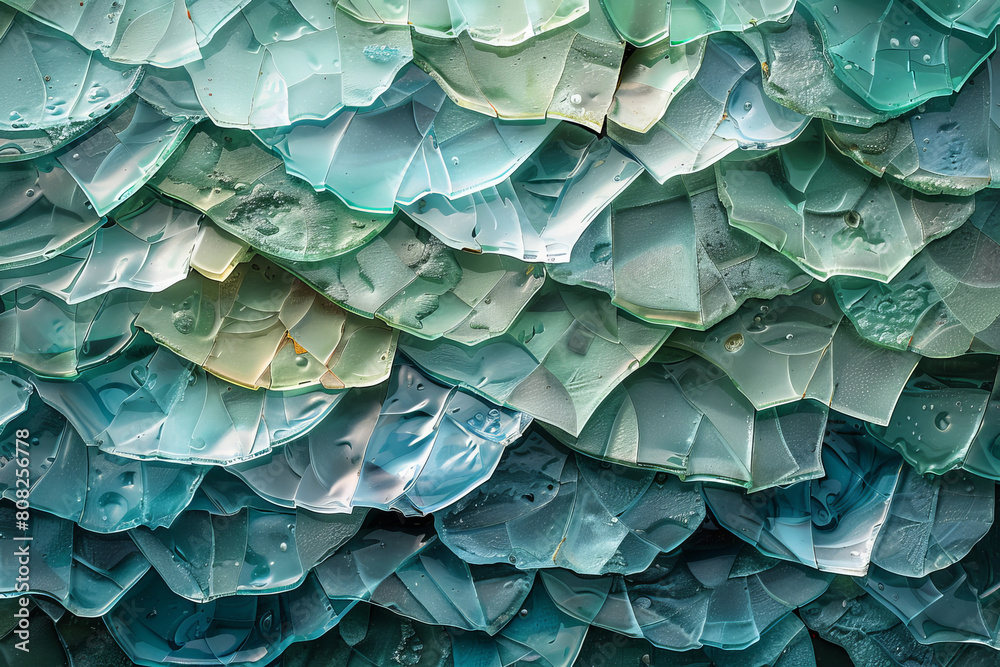 Obraz premium A collage using pieces of recycled blue and green plastic that resemble sea glass, arranged to suggest waves crashing onto sand,