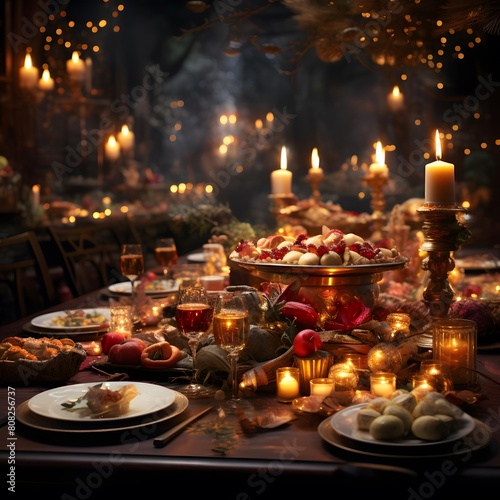 Beautiful Christmas table with candles and Christmas decorations. Selective focus.