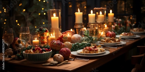 Christmas table with food and candles. Selective focus. Holiday.