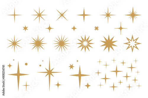 Gold futuristic sparkle icons collection. Set of stars shapes isolated on white background. Abstract gold shine effect sign vector design.