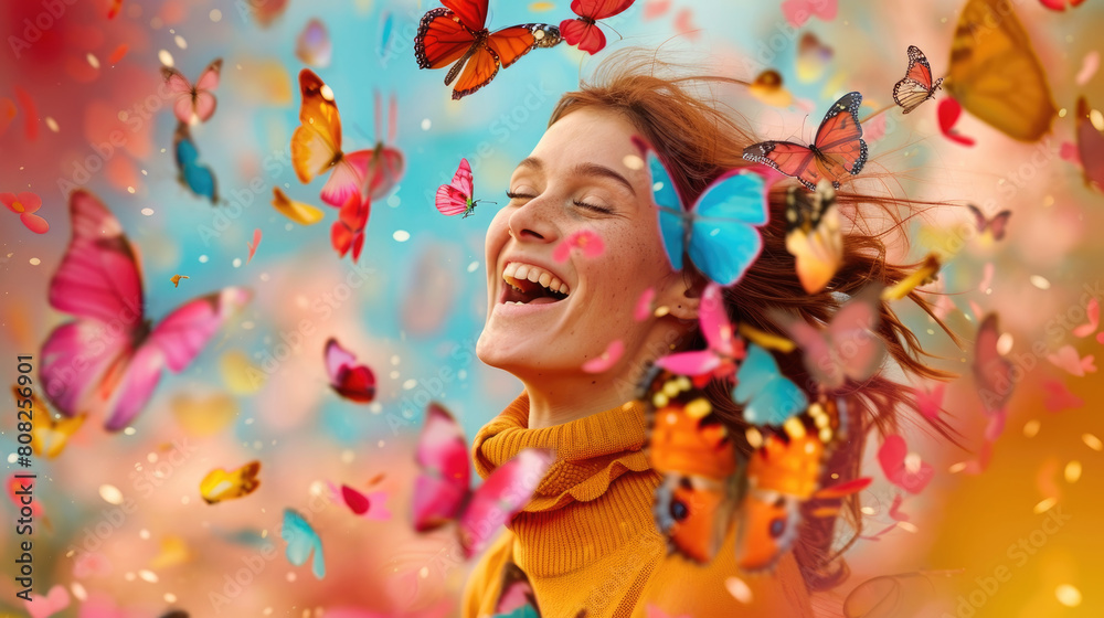 A woman stands with butterflies fluttering around her head in a garden A woman stands with butterflies fluttering around her head in a garden