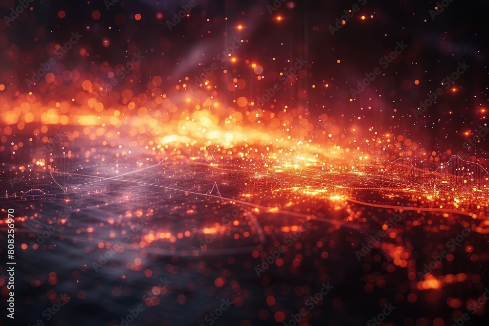 Mesmerizing scene of interconnected glowing waves and particles on a dark atmospheric background Mesmerizing scene of interconnected glowing waves and particles on a dark atmospheric background