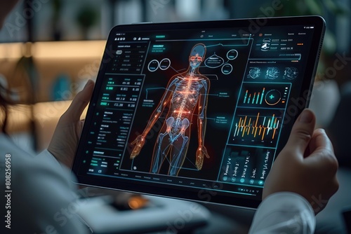 Doctor working digital tablet for medical record of patient on interface DNA medical technology and Innovations in Medical Technology EHR Concept