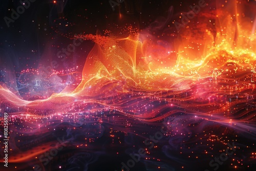 An abstract digital art piece showcasing vibrant waves created from countless particles resembling flowing energy