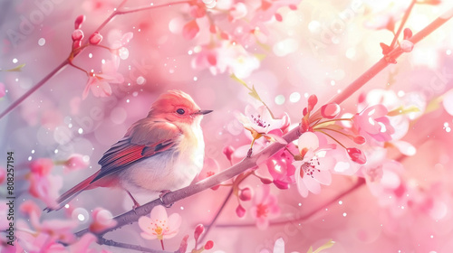 A bird sits on a branch covered with blooming pink flowers © sommersby