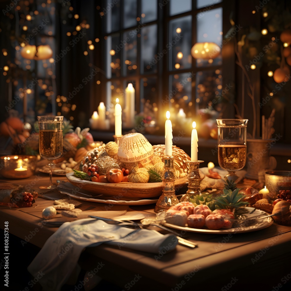 Christmas dinner table with cutlery, candles and christmas decorations