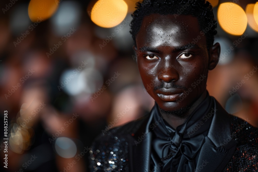 Portrait of a man in sparkling attire against a defocused event backdrop, looking sharp Portrait of a man in sparkling attire against a defocused event backdrop, looking sharp