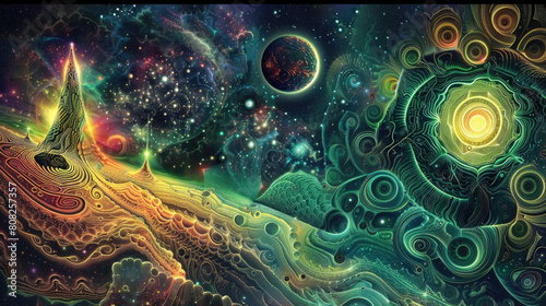 A detailed painting depicting a space scene with multiple planets and stars scattered across the dark cosmic background © sommersby