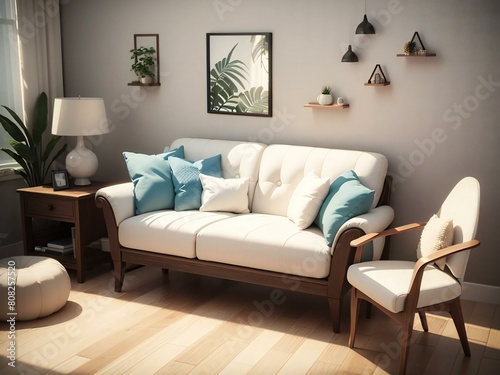 A cozy living room with a white sofa adorned with blue pillows, a wooden side table, and a stylish armchair.