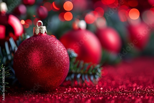 red ornament green branch balls specular color aperture warm advance lights soft diffuse horizon emitting bright photo