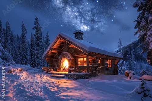 A charming log cabin enveloped in snow beneath a captivating starry night sky  offering a magical winter scene