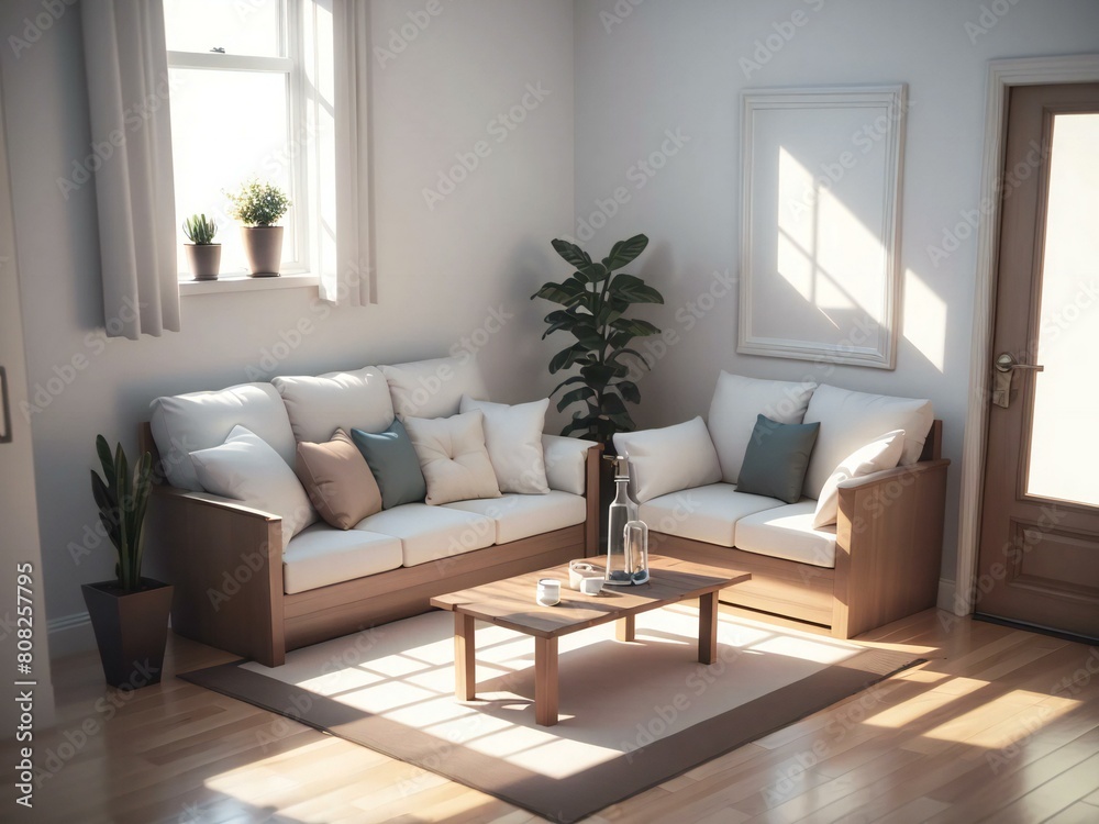 Fototapeta premium An interior design featuring a comfortable couch and wooden coffee table in a living room, with a plant by the window. The furniture fixtures add comfort and style to the property