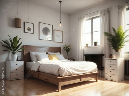 A bedroom with a wooden bed, white dresser, and a window with a plant. The room has a clean and simple design, with a neutral color palette © samsul