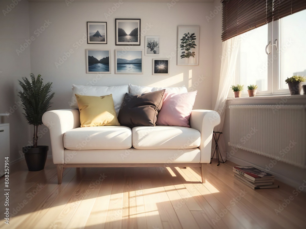 Fototapeta premium A cozy living room with a white couch, hardwood flooring, and pictures hanging on the wall. A houseplant adds a touch of comfort to the room