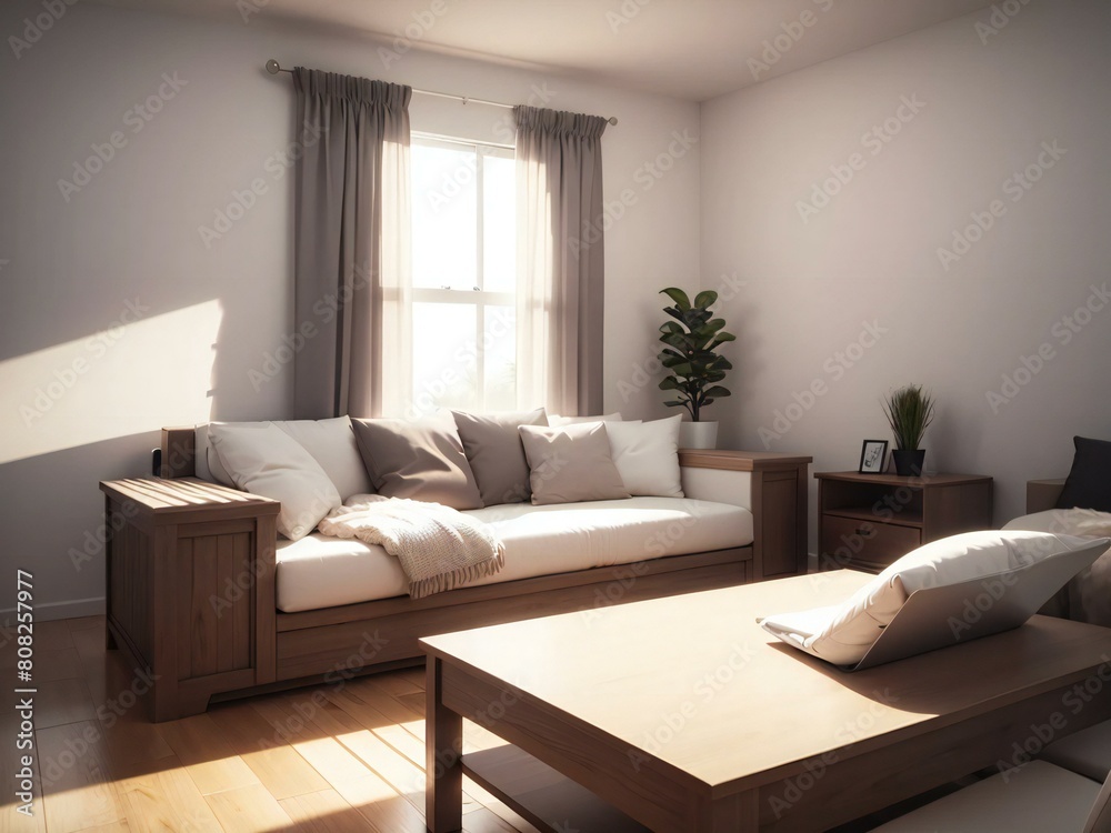 A cozy living room in a building property with wooden flooring, featuring a comfortable couch and coffee table. Interior design includes plants by the window A cozy living room in a building property with wooden flooring, featuring a comfortable couch and coffee table. Interior design includes plants by the window