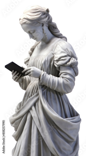 PNG Sculpture of woman holding smart phone statue marble adult.