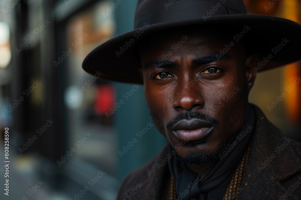An urban street style portrait of a man with a vintage hat and symbolic fashion, suggesting a dynamic presence An urban street style portrait of a man with a vintage hat and symbolic fashion, suggesting a dynamic presence