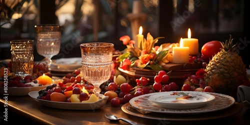 Festive table setting with fresh fruits and candles. Selective focus.