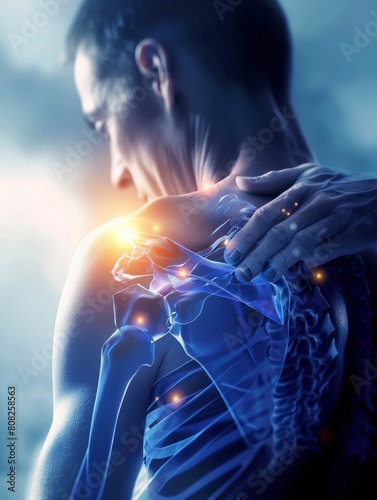 An x ray of the shoulder area with a highlighted part showing pain with blue dark background
