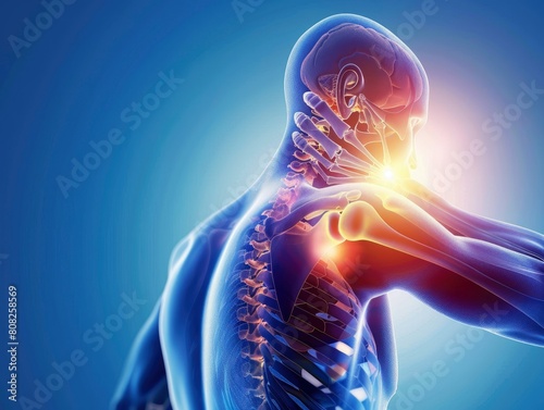 An x ray of the shoulder area with a highlighted part showing pain with blue dark background