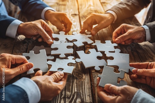 Image of business professionals' hands fitting together puzzle pieces on a table, symbolizing strategic planning and mutual support in teamwork. photo