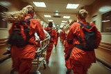 Motion blur captures the urgency of a team in red uniforms pushing a gurney in a hospital setting, depicting critical healthcare action