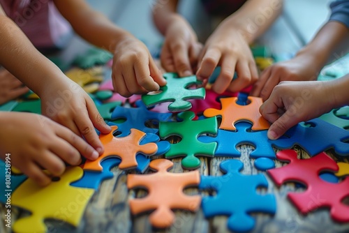 Image of business professionals  hands fitting together puzzle pieces on a table  symbolizing strategic planning and mutual support in teamwork.