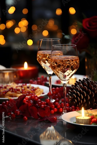 Christmas table setting with red berries  candles and glasses of rose wine