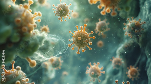 Ai illustration viruses causing infectious diseases, decreased immunity example: Hepatitis, H1N1, HIV, FLU, AIDS. Сoncept of viral disease. Virus abstract background photo