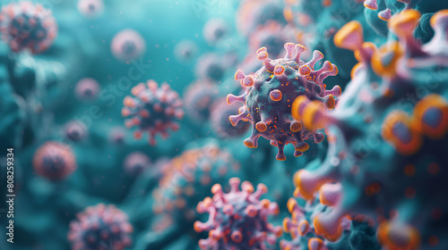 Coronavirus covid-19 under the microscope. Science epidemic infection concept. ai rendered illustration. photo