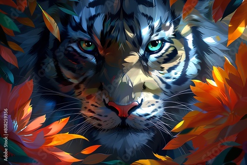 A digitally illustrated tiger surrounded by colorful, stylized foliage, featuring intense eyes and intricate details.