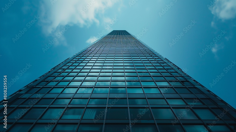 Bottom-up view of modern business office building. Reflective skyscraper with blue sky. Generative AI Bottom-up view of modern business office building. Reflective skyscraper with blue sky. Generative AI