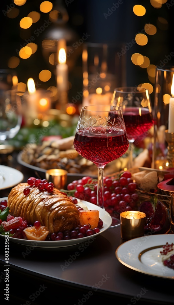 Festive table setting for Christmas and New Year dinner. Festive table decoration with red wine, fruits and croissants.