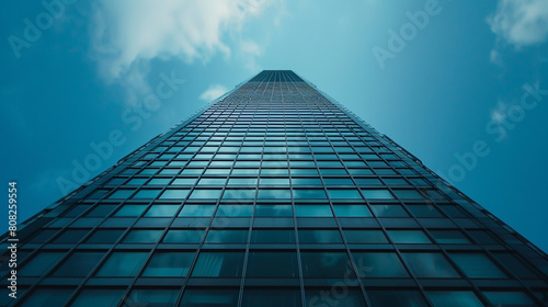 Bottom-up view of modern business office building. Reflective skyscraper with blue sky. Generative AI