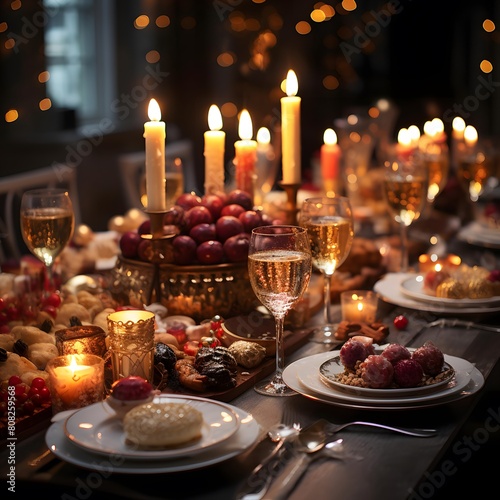 Festive table with glasses of champagne and candles in the restaurant.