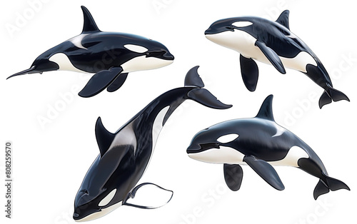 Collection of orca, killer whales on transparent or white background