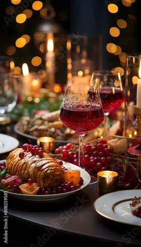 Festive table setting for Christmas and New Year dinner. Festive table decoration with red wine  fruits and croissants.