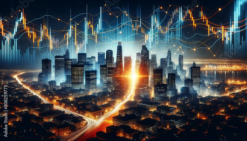 Experience the pulse of a bustling city with this fusion of urban skyline and dynamic financial charts photo