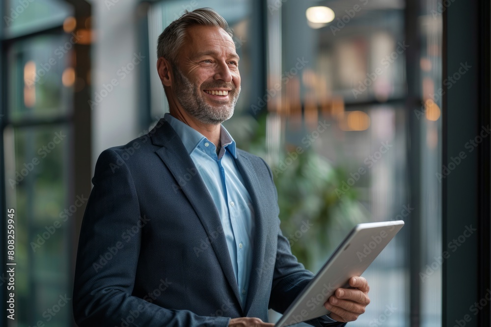 Old business man CEO with grey hair wearing suit standing in office using digital tablet. Smiling mature businessman professional executive manager looking away thinking working on tech device Old business man CEO with grey hair wearing suit standing in office using digital tablet. Smiling mature businessman professional executive manager looking away thinking working on tech device